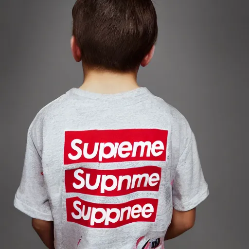 Image similar to short kid wearing a supreme shirt, detailed, studio