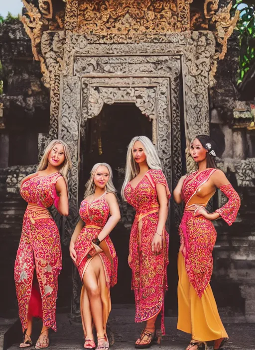 Prompt: portrait of lindsey pelas and her friends wearing kebaya in bali temple, by charlotte grimm, natural light, detailed face, beautiful features, symmetrical, canon eos c 3 0 0, ƒ 1. 8, 3 5 mm, 8 k, medium - format print, half body shot