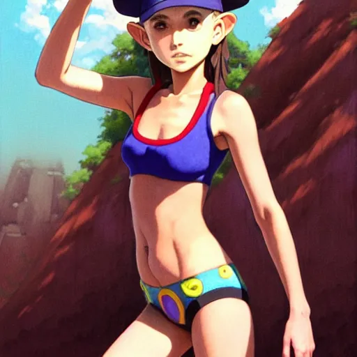 Image similar to beautiful boyish natalie portman gravure model in majora's mask, wearing wooden mask and baseball cap and leotard, street wear with subtle mayan patterns, aztec bathing suit, gapmoe yandere grimdark, trending on pixiv fanbox, painted by greg rutkowski makoto shinkai takashi takeuchi studio ghibli, akihiko yoshida