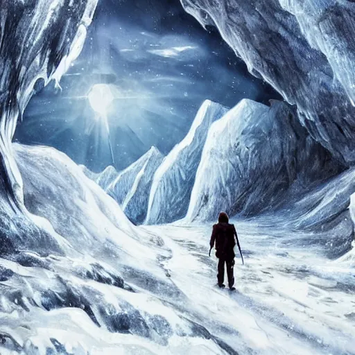 Image similar to A majestic ice cave a river and mountains. A small group of birds is flying in the sky. Harsh winter. very windy. There is a man walking in a deep snow.Camera is positioned behind the man. Cinematic, very beautiful, painting in the style of Lord of the rings