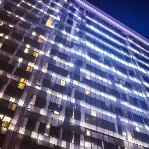 Prompt: building made of light in the middle of Montreal, at night