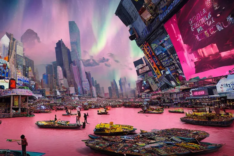 Image similar to floating markets of times square on new york on danakil depression with acid pools in grand mount roraima during sakura season on an interstellar aurora borealis, pink waterfalls, vendors, festivals, fun, by peter mohrbacher, james jean, james gilleard, greg rutkowski, vincent di fate, rule of thirds, octane render, beautiful landscape