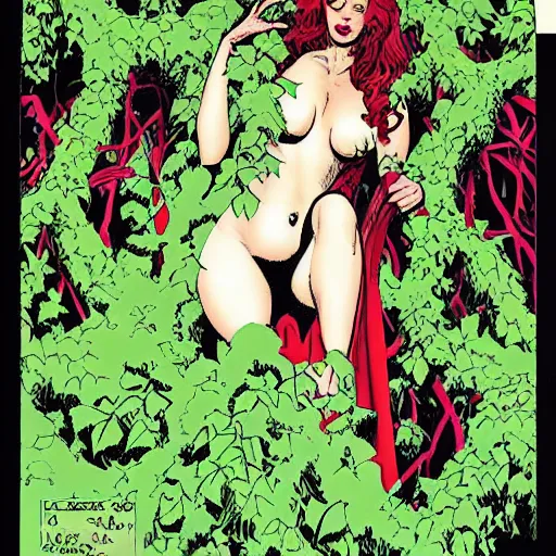 Image similar to dc comics poison ivy character sitting in a throne made of vines and trees art by frank cho, bill sienkiewicz, joe chiodo, bruce timm