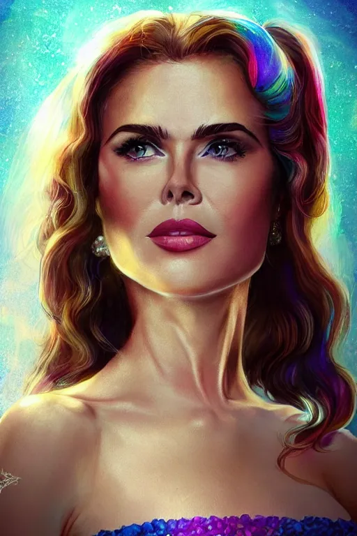 Image similar to mix of beautiful young maria shriver, mariel hemmingway, brooke shields, nicole kidman and elle macpherson as a mermaid, thin lips, hair tied up in a pony tail, dark hair, colorful, artstation, cgsociety