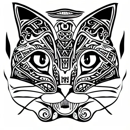 Image similar to tattoo sketch, cat, right eye closed, draft, organic ornament, maori, vector