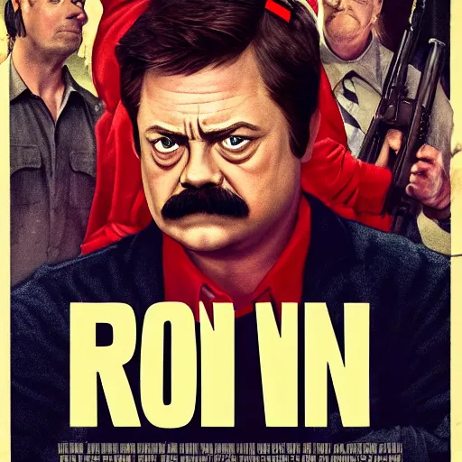 Image similar to Movie poster, Ron Swanson as Rambo, wearing red sweatband, high quality art