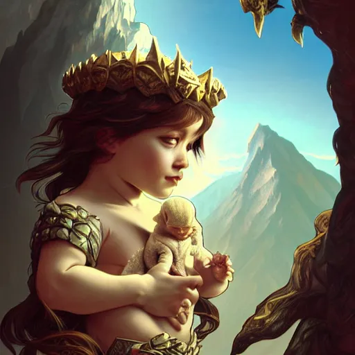 Prompt: baby dragon watching the world underneath, mountains, d & d, fantasy, intricate, elegant, highly detailed, digital painting, artstation, concept art, smooth, sharp focus, illustration, art by artgerm and dragolisco and alphonse mucha