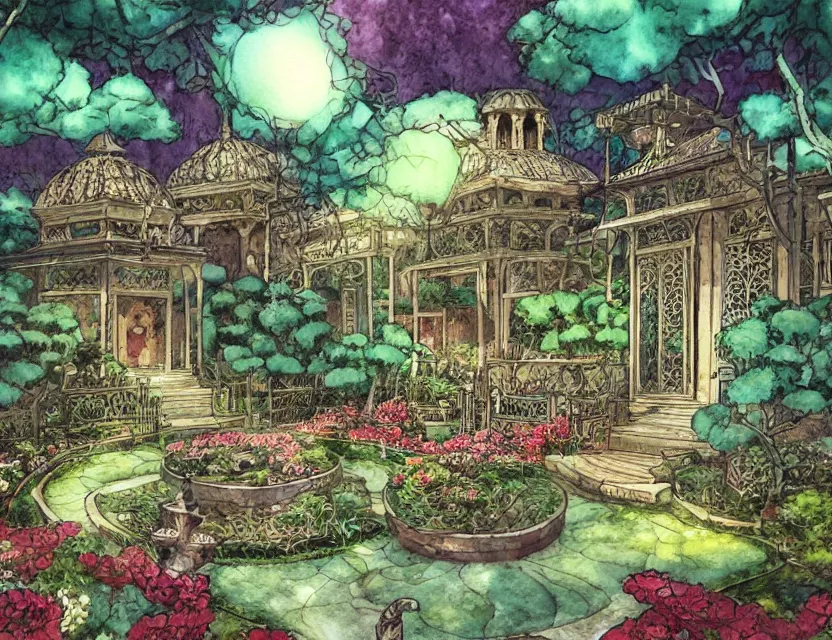 Prompt: lovecraftian persian palace garden. this watercolor painting by the award - winning mangaka has dramatic lighting, an interesting color scheme and great use of air perspective.