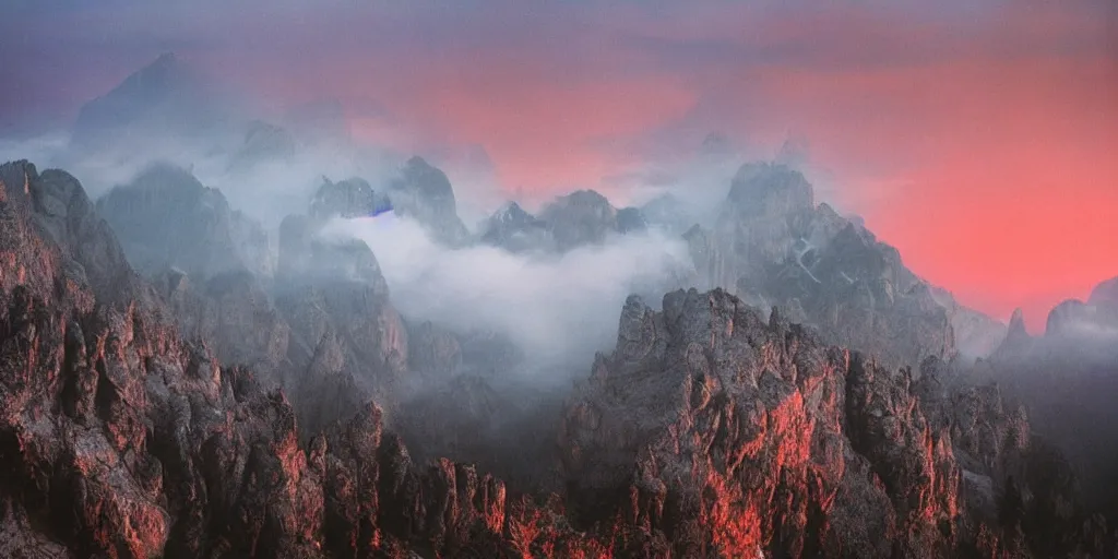 Prompt: 1 9 2 0 s color spirit photography 0 9 9 9 2 9 9 of alpine sunrise in the dolomites, red lit mountains, fog, by william hope, beautiful, dreamy, grainy