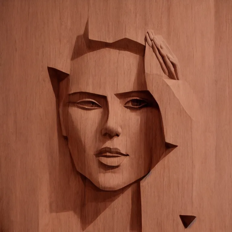 Prompt: 2 0 0 ft geometric minimalist accurate figurative sculpture of scarlett johansson, beautiful symmetrical!! face accurate face detailed face realistic proportions, hand - carved out of red oak wood on a pedestal by stephan balkenhol and martin puryear, cinematic lighting shocking detail 8 k