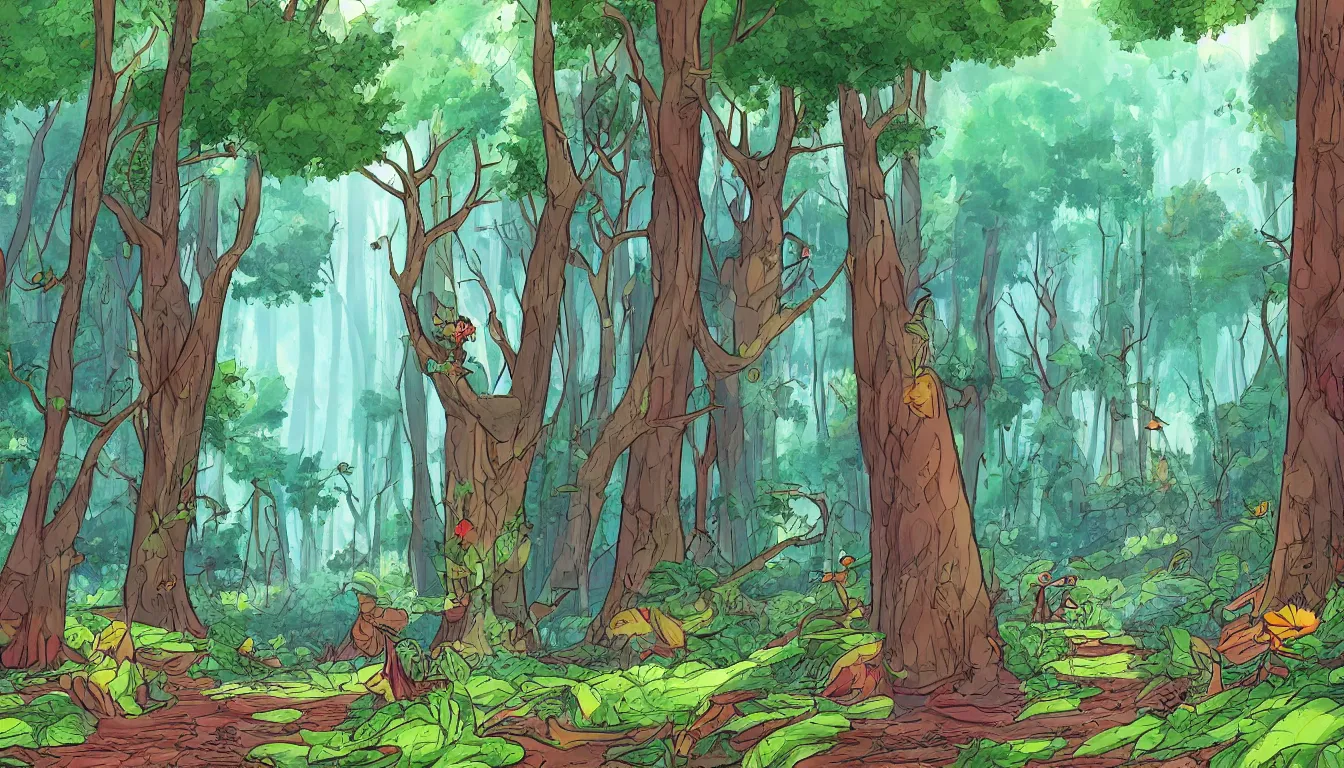 Prompt: a clearing in a forest, Disney cartoon, animation, high detail, colorful