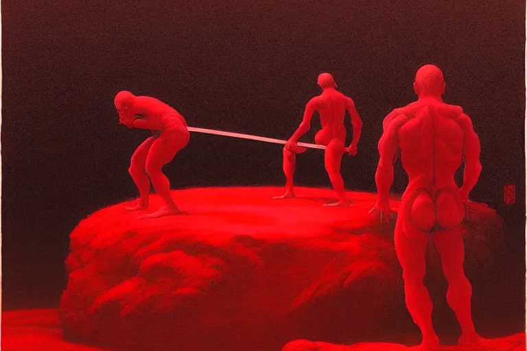 Image similar to only with red, a red samurai do seppuku, tokio, a lot of frogs watch, in the style of beksinski, parts by edward hopper, parts by rodcenko, parts by yue minjun, intricate and epic composition, red by caravaggio, insanely quality, highly detailed, masterpiece, red light, artstation, 4 k