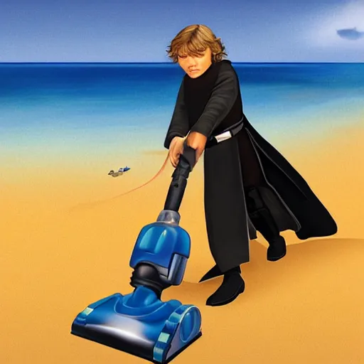 Prompt: Anakin Skywalker!!!, vacuuming on a beach