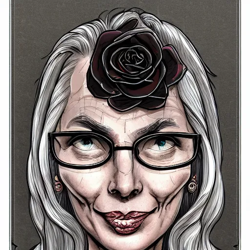 Image similar to Elon Musk as a wrinkly old cat girl, beautiful detailed eyes, black rose frame. D&D, fantasy. Trending on artstation, rule of thirds extremely detailed old illustration hd 4k