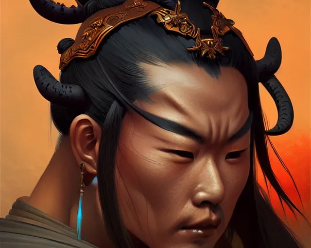 Image similar to oni samurai japanese style, face, fantasy, intricate, elegant, highly detailed, digital painting, artstation, concept art, smooth, sharp focus, illustration, artstation, cgsociety, art by artgerm and greg rutkowski and alphonse mucha