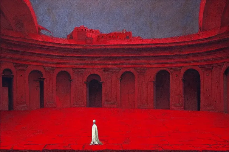 Image similar to only with red, a red melted emperor, taormina amphitheatre, crowd hails him, in the style of beksinski, parts by edward hopper, parts by rodcenko, parts by yue minjun, intricate and epic composition, red by caravaggio, insanely quality, highly detailed, masterpiece, red light, artstation, 4 k