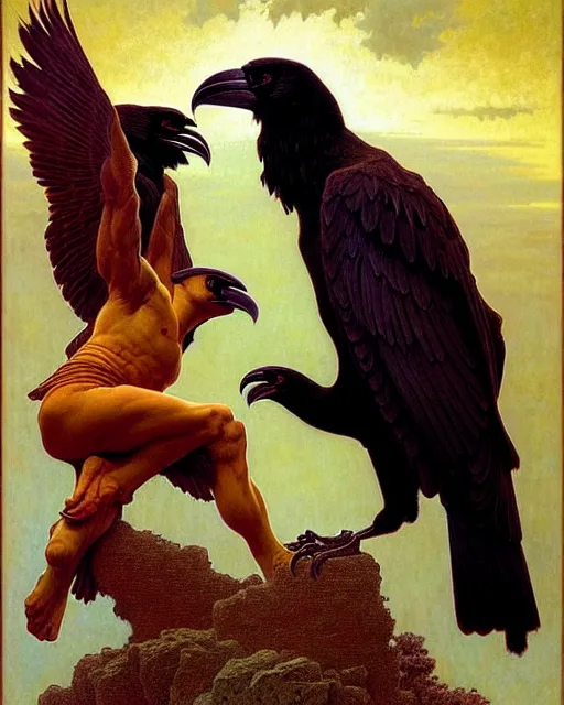 Prompt: two fighting ravens, emotionally evoking symbolic metaphors, fantasy, ornamental, intricate, elegant, highly detailed digital painting, artstation, concept art, painterly, golden ratio, sharp focus, illustration, art by John William Godward and Alphonse Mucha and Zdzisław Beksiński,