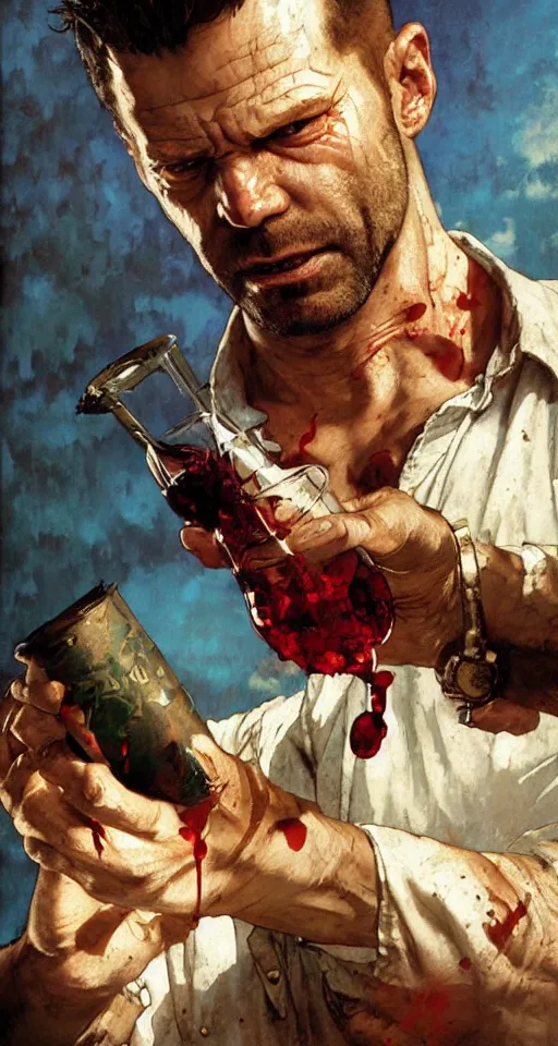 Image similar to close up of bloodied max payne pouring a drink, sun shining, photo realistic illustration by greg rutkowski, thomas kindkade, alphonse mucha, loish, norman rockwell.