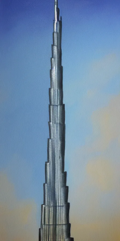 Image similar to The Burj Khalifa, Dubai, oil painting in the style of Bob Ross, high detail