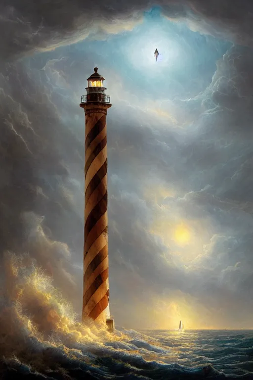 Prompt: Detailed Exterior Shot of Fierce Stormy Gale Lighthouse of Alexandria, Stormy Seas, light shafts, flock of birds, stunning atmosphere, in Style of Peter Mohrbacher, cinematic lighting
