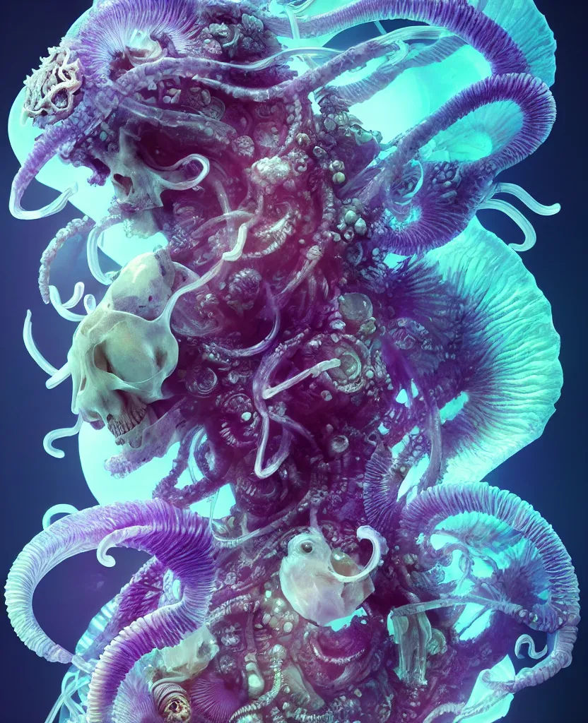 Image similar to goddess close-up portrait ram skull, thorax, x-ray, backbone, jellyfish phoenix head, nautilus, orchid, skull, betta fish, bioluminiscent creatures, intricate artwork by Tooth Wu and wlop and beeple. octane render, trending on artstation, greg rutkowski very coherent symmetrical artwork. cinematic, hyper realism, high detail, octane render, 8k