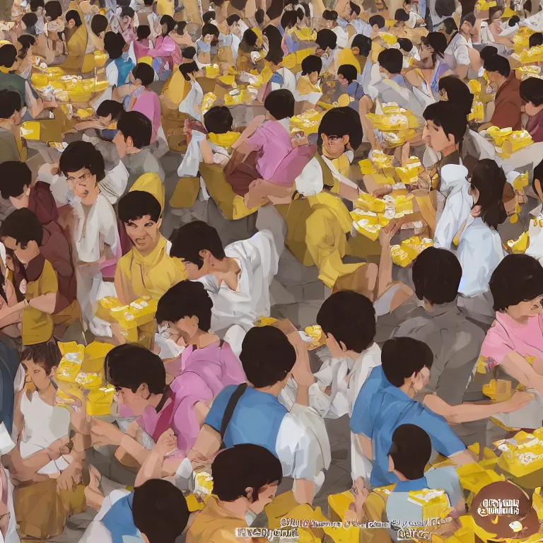 Prompt: a girl getting yellow packet of chocolates for two boys, college canteen area, surrounded by a lot of people, highly detailed, 4k, satisfying