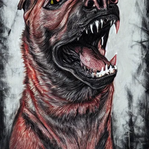 Image similar to scp horror nightmare dog, schizophrenia gothic nightmare dog with incredibly sharp teeth. highly detailed portrait, stylized oil painting, trending on artstation