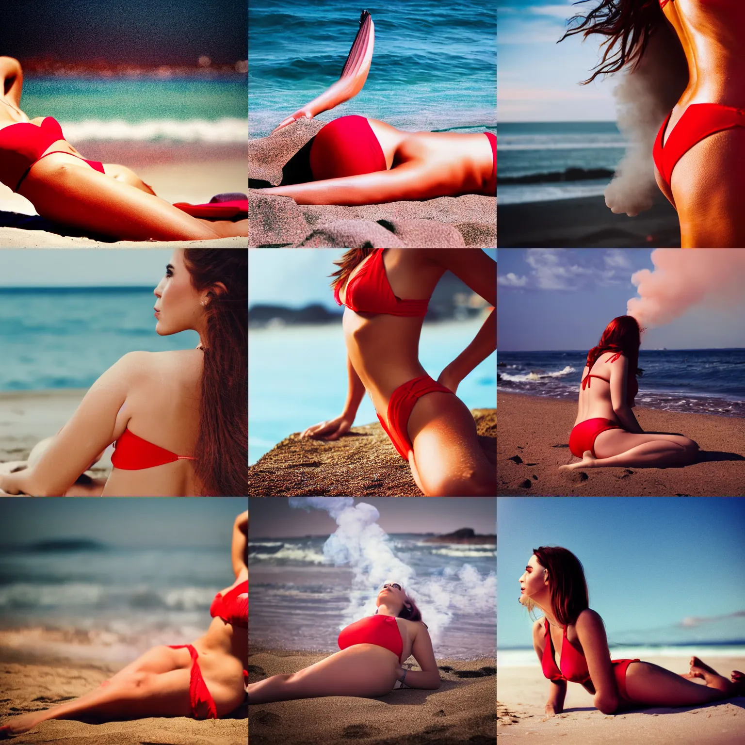 Prompt: close-up photo of womanin red bikini lying on a beach, view from back, blurry plume smoke at background, photo realistic, still cinematic, bokeh