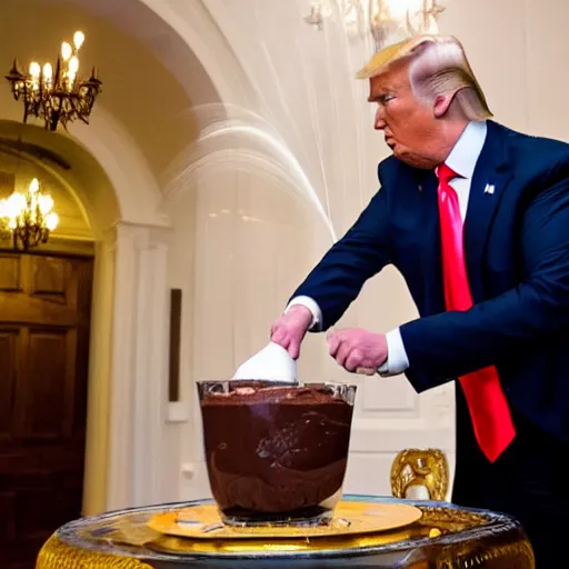 Prompt: donald j. trump spraying chocolate pudding from his mouth onto liberals