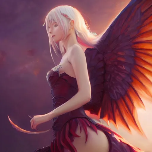 Image similar to an oil painting of a beautiful anime girl with dragon wings, by artgerm, wlop and greg rutkowski, hd, hdr, ue 5, ue 6, unreal engine 5, cinematic 4 k wallpaper, 8 k, ultra detailed, high resolution, artstation, award winning