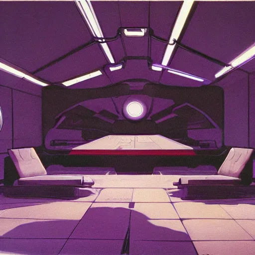 Prompt: painting of a syd mead scifi ancient civilzation empty room, purple sun