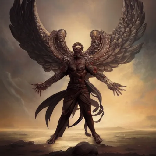 Prompt: full body shot of a male god with wings on his shoulder, digital art by raymond swanland and peter mohrbacher, 8 k,