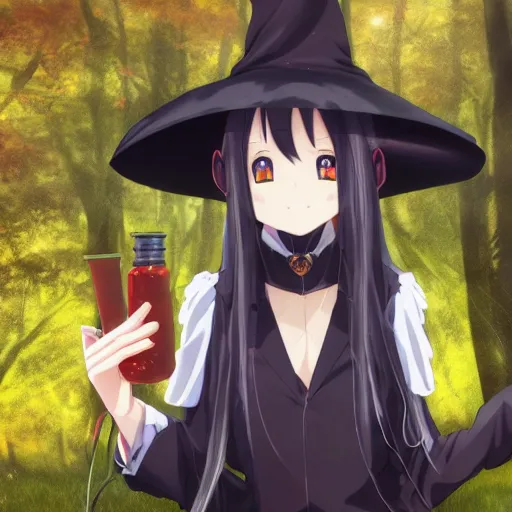 Prompt: scientific witchery, anime art, 4 k, nature, girl in witch hat smiling black hair