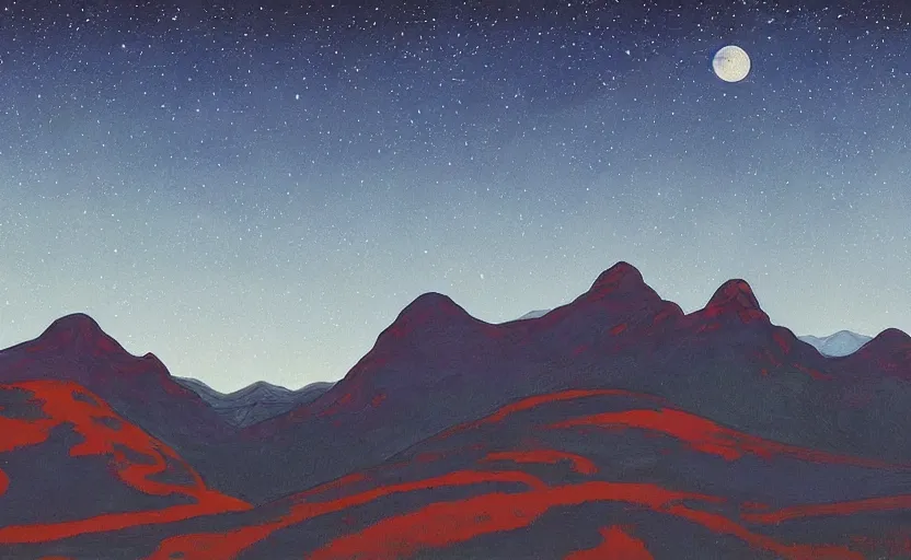 Prompt: mountains, stars and paisley filled sky, artstation, intricate, highly detailed, digital painting, concept art, sharp focus, illustration by Edward Hopper and James Jean