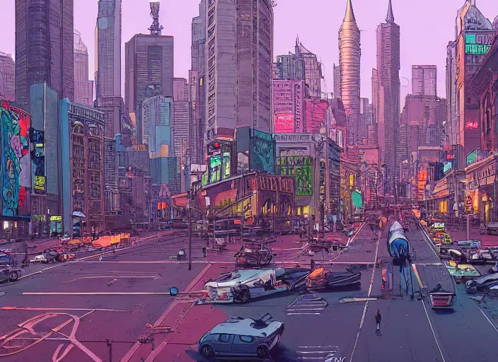 Image similar to wide view of a city, on the street, no cars. sharp focus, cinematic pose, cinematic lighting, unreal engine render. art by josan gonzales and moebius and deathburger.