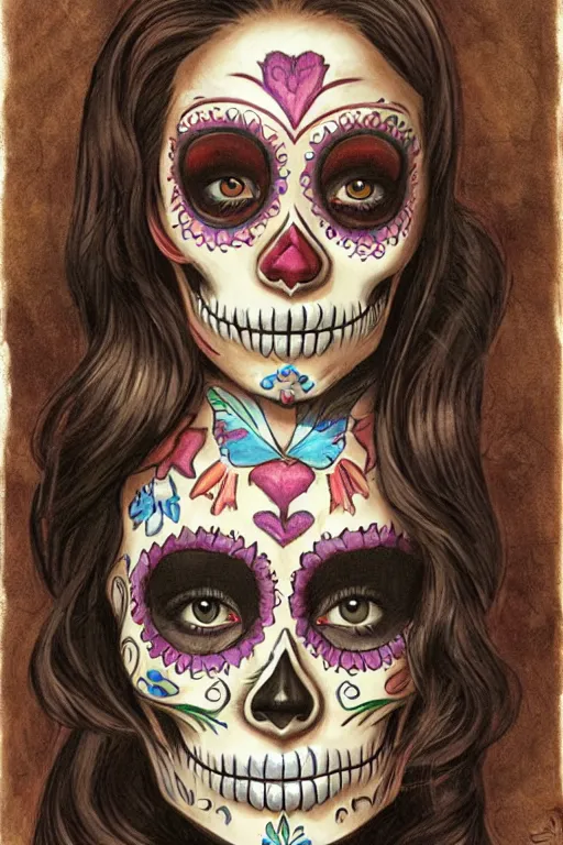 Image similar to Illustration of a sugar skull day of the dead girl, art by james gurney