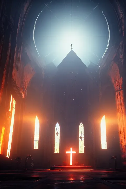 Image similar to symmetrical, centered composition, ancient church with red shafts of light in destiny 2, foggy, liminal, dark, dystopian, beautiful architecture, abandoned, highly detailed 4 k destiny 2 expansion key art wallpaper