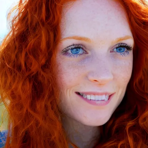 Image similar to Close up photo of the left side of the head of an extremely attactive, pretty redhead woman with gorgeous blue eyes and wavy long red hair, who looks directly at the camera. Slightly open mouth. Whole head visible and covers half of the frame, with a park visible in the background. 135mm nikon.