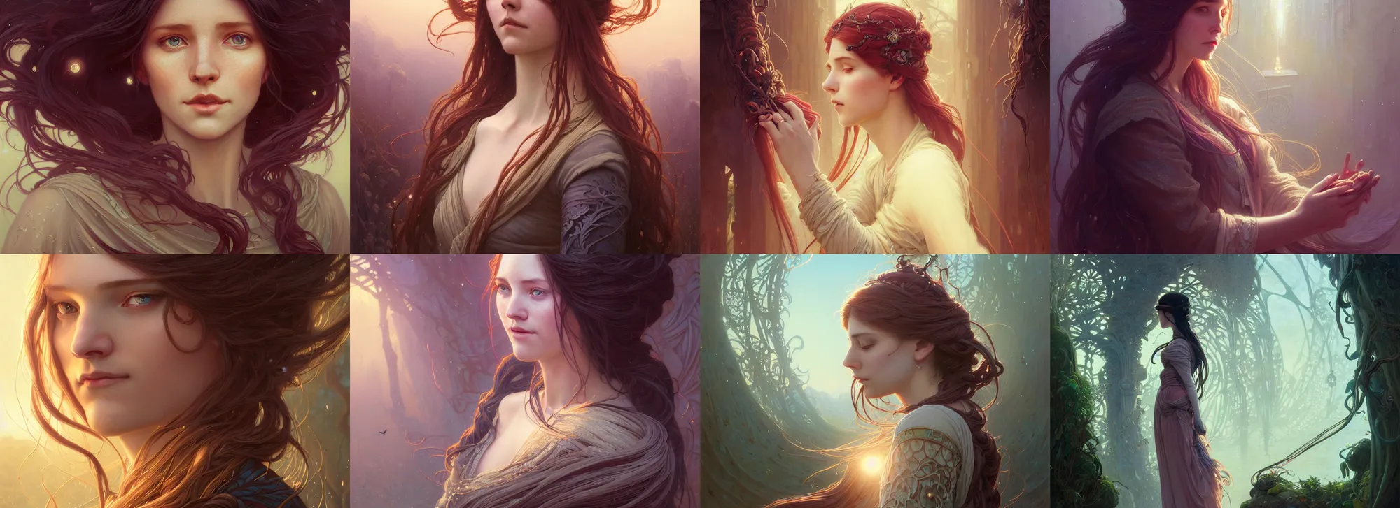 Image similar to highly detailed portrait of a woman with long hairs, stephen bliss, unreal engine, fantasy art by greg rutkowski, art nouveau, loish, rhads, ferdinand knab, makoto shinkai and lois van baarle, ilya kuvshinov, rossdraws, tom bagshaw, alphonse mucha, global illumination, radiant light, detailed and intricate environment