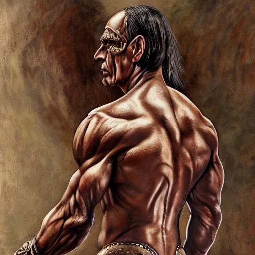 Image similar to enrico letta warlord wearing bronze age clothing, bodybuilder, anatomical, symmetrical, zoom out, high quality, high definition, 8 k, photograph photorealistic by frank frazetta