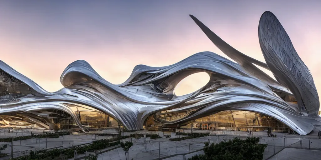 Image similar to extremely detailed ornate stunning sophisticated beautiful elegant futuristic museum exterior by Zaha Hadid, Milan buildings in the background, smooth curvilinear design, stunning volumetric light, stainless steal, concrete, translucent material, beautiful sunset, tail lights