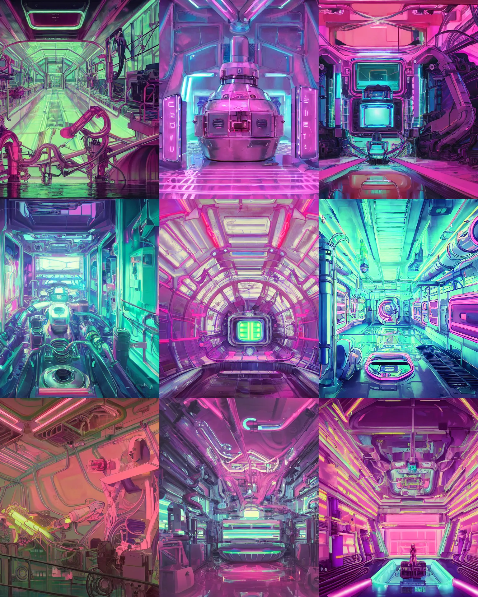 Prompt: the inside of a the inside of a Mecha seapunk human biofuel processing tank flooded with pink acid, cinematic lighting, walls lined with neon tube lights, cinematic lighting, walls lined with neon tube lights, vaporwave , digital art, artstation, by WLOP, Ilya repin, alphonse mucha. Dynamic perspective mouth, Very highly detailed 8K, octane, Digital painting, the golden ratio, rational painting