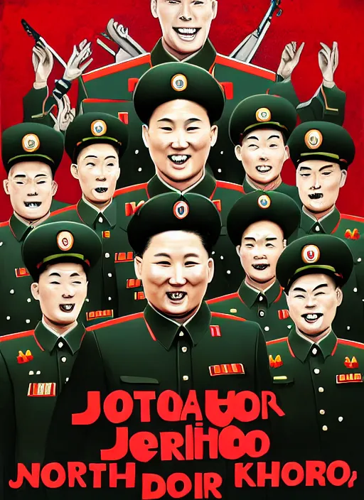 Prompt: propaganda poster smiling jerma as dictator of north korea with soldiers saluting, 8 k, trending on artstation