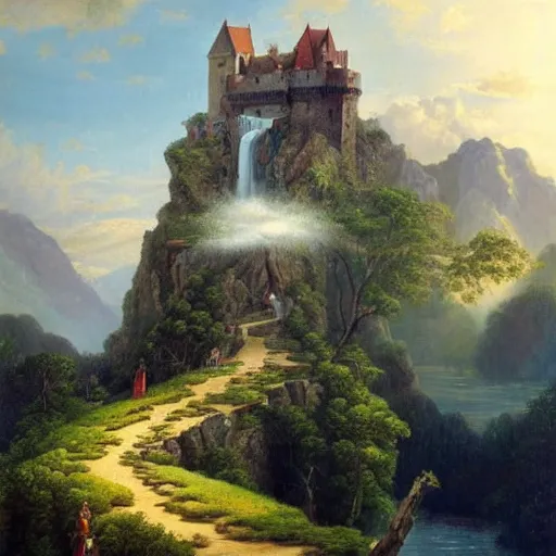 Image similar to romanticism landscape painting portraying a castle built on top of a singular mountain peak with its moat turning into waterfalls,beautiful scenery