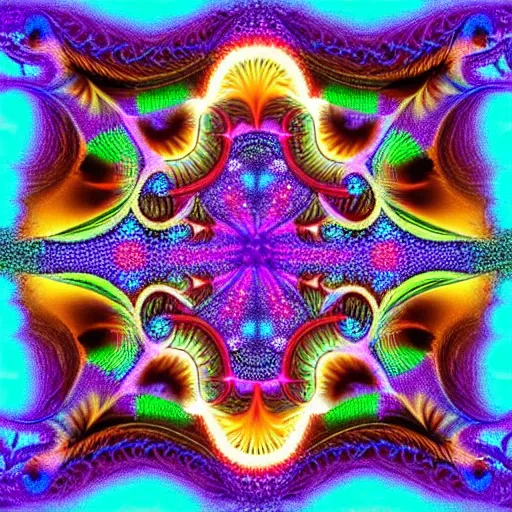 Image similar to a trippy fractal about fairies and mushrooms