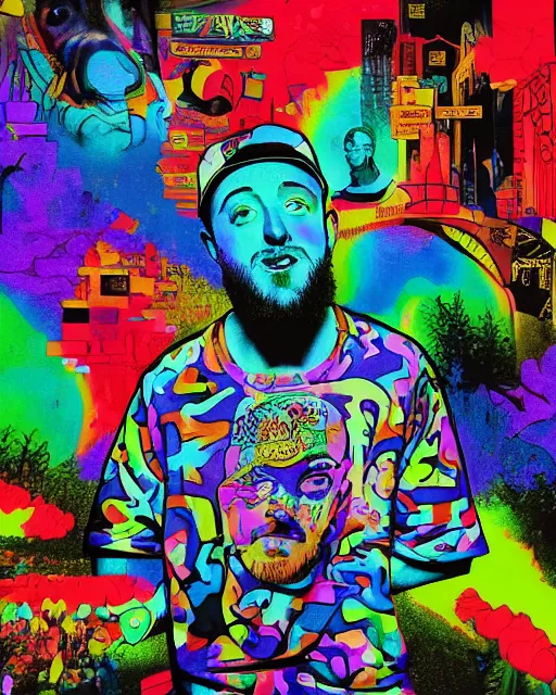 Prompt: mac miller, lsd trip, by john keebs lee, pittsburgh, blue slide park, good vibes, peace, love, 4 2 0, don't trip, swimming in circles, highly detailed