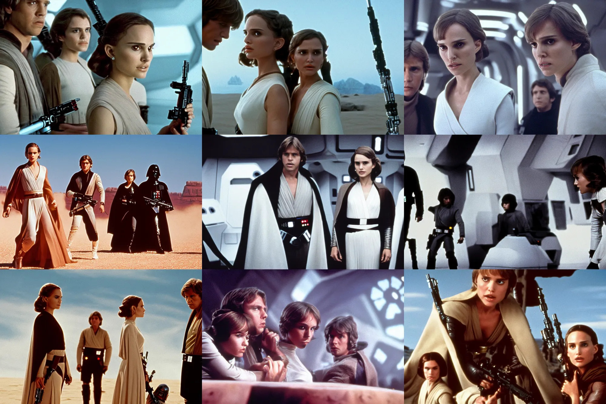 Prompt: natalie portman as luke skywalker with han and leia in star wars, 1 9 7 7, wide angle, movie still, 3 5 mm