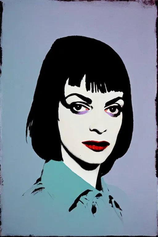 Image similar to mia wallace from pulp fiction painted by andy warhol