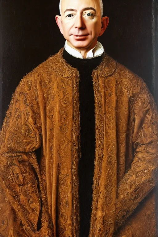 Image similar to portrait of jeff bezos!!! oil painting by jan van eyck, northern renaissance art, oil on canvas, wet - on - wet technique, realistic, expressive emotions, intricate textures, illusionistic detail