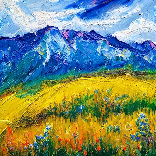 Prompt: thick impasto textured painting of a mountain side hill with wildflowers blooming